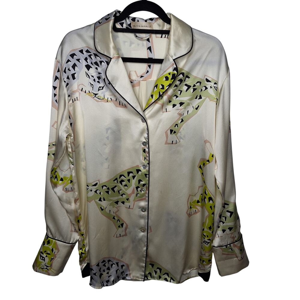 Olivia von Halle Cream Satin Pajama Top with Neon Yellow & Black Leopard Print